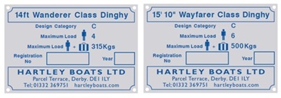 2 Hartley Boats metal nameplates providing dinghy information