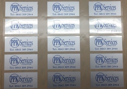 A sheet of polyester labels made for PPK Services by Southern United