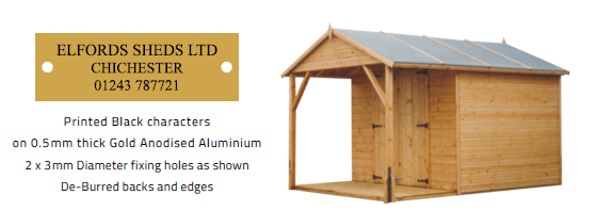 Elfords Sheds label and shed, with detail explaining the lettering and make up of the metal label